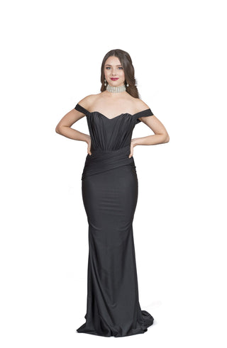 Off-shoulder evening gown with sweetheart neckline and sculpted mermaid silhouette