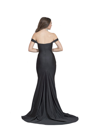 Formal mermaid dress with stretch jersey fabric, floor-length hem, and elegant draped bodice