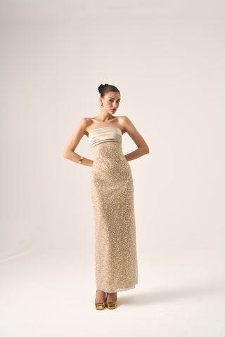 Model standing in the Cristos strapless beaded gown by Nadia’s, showcasing the elegant silhouette and intricate beading.
