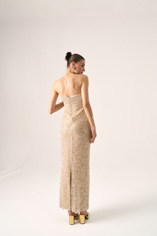 Back view of the Cristos strapless beaded gown by Nadia’s, highlighting the sleek silhouette and refined craftsmanship.