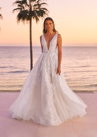 Tinka gown by Pronovias with plunging V-neck and lace embroidery.