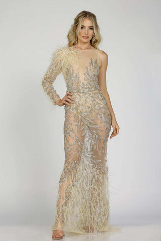 Woman wearing a glamorous gold evening gown with a white background