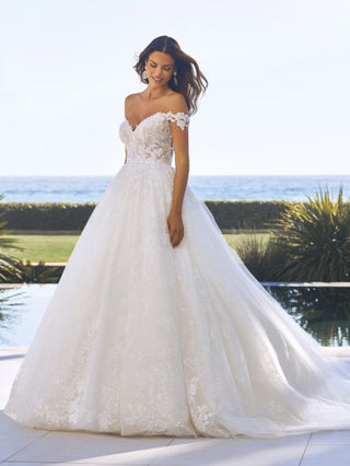 Front view of Delphine gown by Pronovias featuring off-shoulder lace.