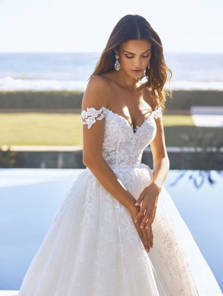 Detail of off-the-shoulder lace sleeves and sparkling tulle skirt.