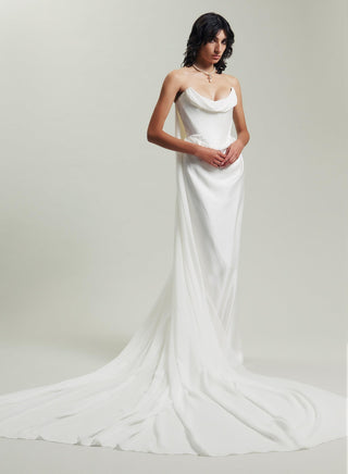 Vivienne Westwood Galaxy Cape Gown, featuring a detachable Watteau cape.