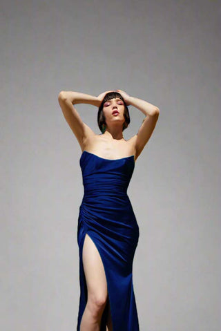 Ava strapless ruched gown with slit