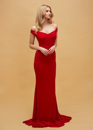 Sophisticated off-shoulder mermaid dress with a Bardot neckline and sweeping train, ideal for glamorous events.