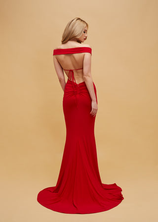 Tailored mermaid gown with off-the-shoulder Bardot neckline and flowing train, perfect for formal gatherings.