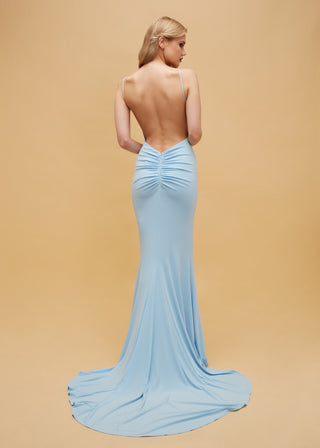 Stretch gown with elegant open back, deep V-neck, and a flowing slight train