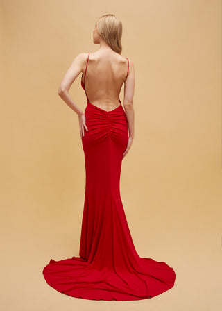 Stretch fabric mermaid gown with sleek lines and low back for an alluring finish