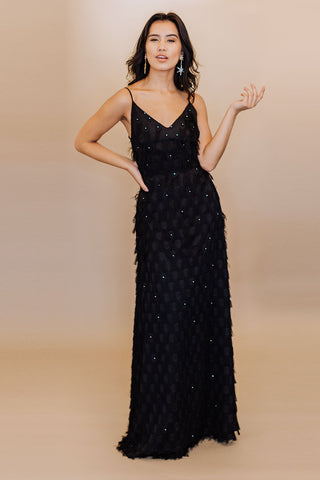 BAQA Cynthia evening gown with sleek slip silhouette, plunging neckline, and delicate spaghetti straps for formal elegance