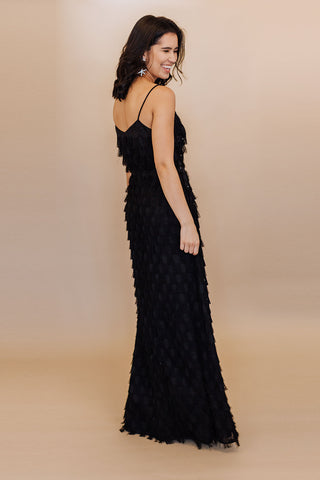 Designer Cynthia slip dress by BAQA featuring maxi length, refined plunging V-neckline, and luxurious spaghetti strap detailing