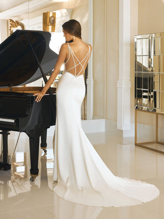 Back view of Blithe gown showing criss-cross beaded straps and illusion mesh panel.