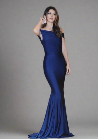 Sculpted mermaid silhouette with elegant off-shoulder Bardot neckline and seamless fit for a formal evening look.