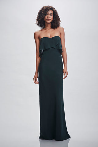 Strapless column gown with layered ruffle bodice and sleek silhouette for formal evening occasions