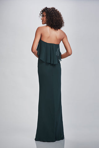 Elegant sleeveless evening dress with structured strapless neckline and flowing chiffon column skirt