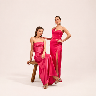 A diverse collection of elegant bridesmaid dresses in various colors and styles, from floor-length satin gowns to modern cocktail dresses
