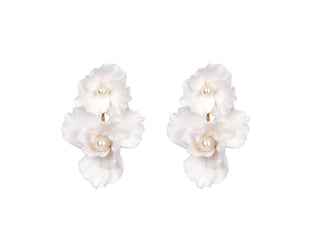 Sculpted floral earrings with lifelike handcrafted petals and a luminous pearl centerpiece, a timeless statement of luxury.