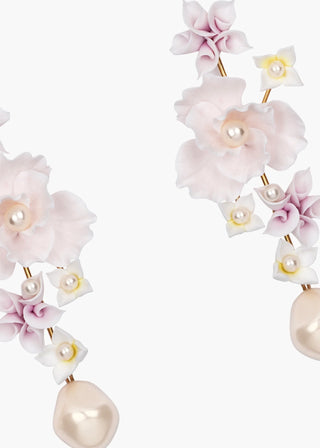 Jennifer Behr statement earrings showcasing sculpted florals and a softly cascading pearl drop, ideal for formal occasions.