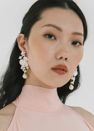 Intricately crafted floral earrings with a refined silhouette and elegant pearl embellishments, designed for timeless glamour.