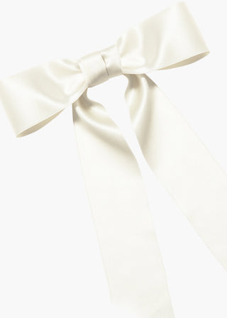 Virginia Bow Barrette in Snow on white background – large silk satin bow hair accessory