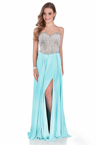 Strapless A-line evening gown with a beaded sweetheart bodice, corset back, and flowing skirt with a thigh-high slit.