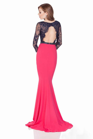 Pink evening gown with navy lace top on a white background