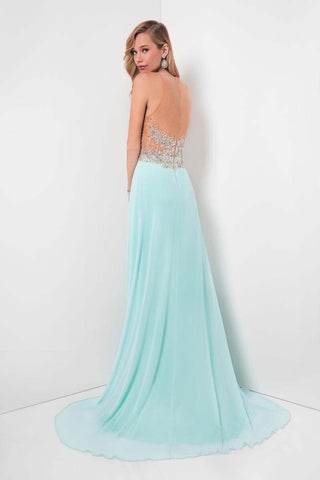evening gown with beaded top on a white background