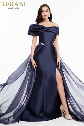 Asymmetrical Pleated Off Shoulder Organza Gown with SLit