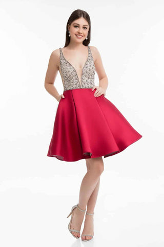 Beaded Bodice Cocktail Dress with Full Satin Skirt