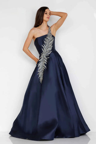 One Shoulder Mikado Beaded Ball Gown