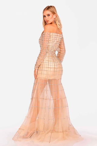 Woman wearing a champagne colored dress with a sheer overlay on a white background