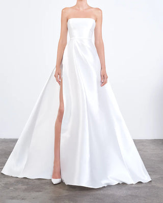 Front View of Model in Abigail Gown by Alex Perry, Featuring Straight Strapless Neckline and Belted Waist.