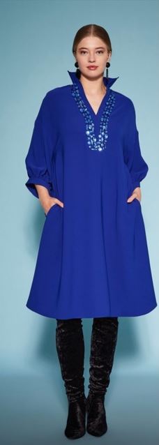 Elegant midi formal dress with a flowing caftan silhouette, V-neckline, mandarin collar, and opulent gemstone accents.