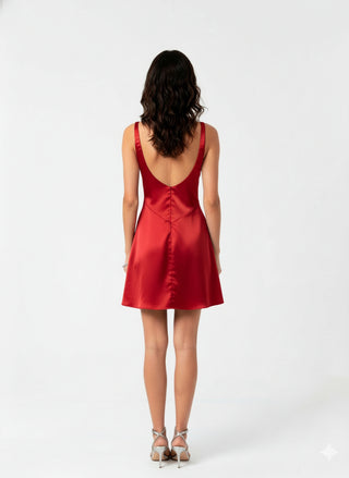 Woman wearing a red satin dress with a backless design on a white background