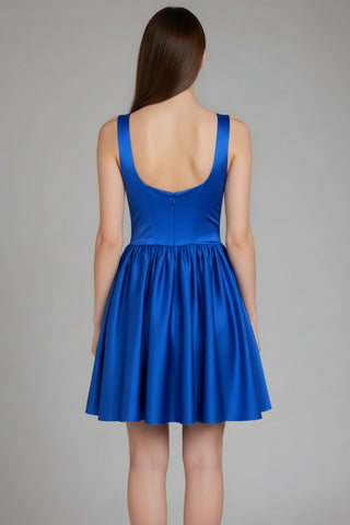 2409 scoop neck satin mini dress with gathered a-line skirt