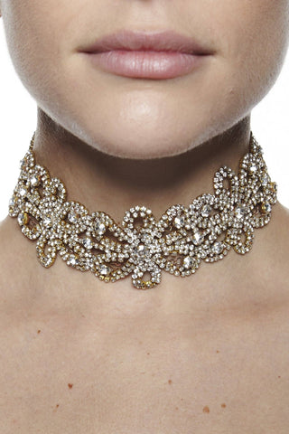 Close-up of a person wearing an ornate, sparkling necklace on a neutral background