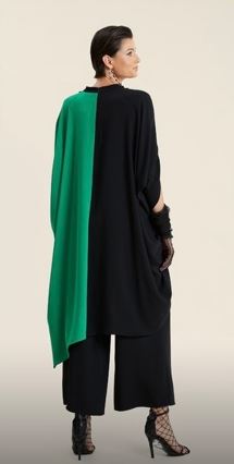 Luxurious maxi ensemble featuring a relaxed-fit pants set, invisible back zipper, and opulent caftan top with cape sleeves.