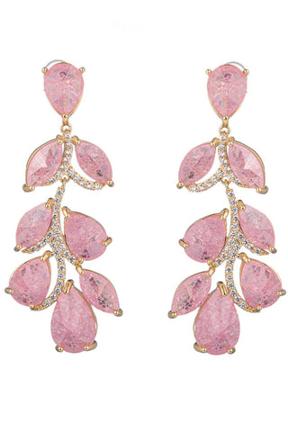 Pair of pink teardrop earrings with gold accents on a white background