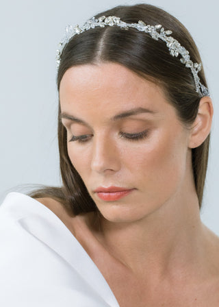 Model wearing Susan Vine Headband – elegant crystal accessory for weddings and special events