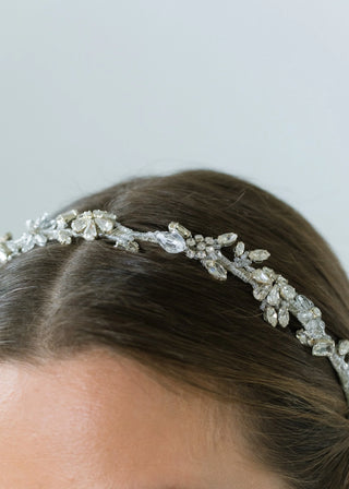 Close-up of model wearing Susan Vine Headband – detailed view of crystal garland design