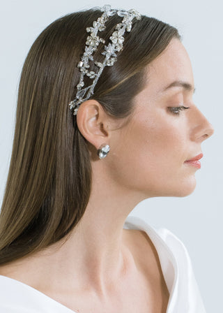 Model wearing two stacked Susan Vine Headbands – layered crystal headbands for a dazzling look