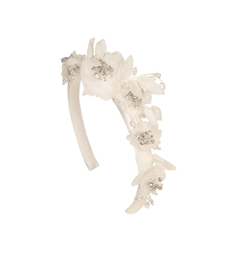 Ethereal couture headband featuring silk chiffon petals and shimmering crystal embellishments for a luxe finish
