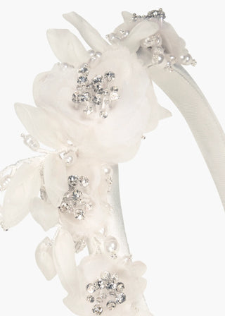 Floral-embellished headband with silk petals and Czech crystal stamen, creating a timeless, romantic silhouette