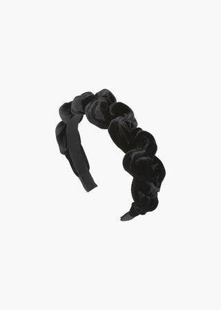 Luxurious silk velvet headband featuring a plush ruffle detail, ideal for enhancing evening gowns and special events.