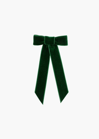 Velvet Bow Barrette in Emerald on white background – vibrant green velvet hair accessory