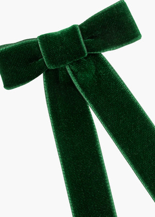 Close-up of Velvet Bow Barrette in Emerald on white background – intricate handmade craftsmanship