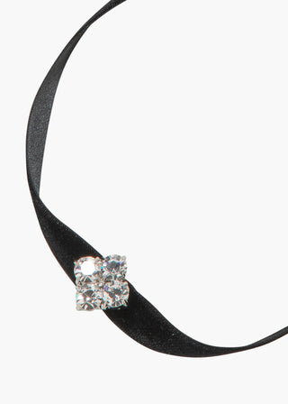 Close-up of Thea Ribbon Tie in Crystal on white background – detailed view of faceted round crystals and velvet ribbon