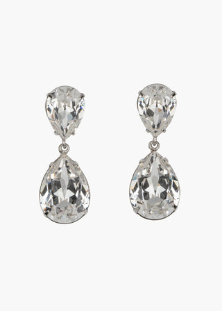 Pair of teardrop-shaped crystal earrings on a white background