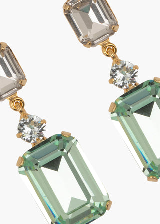 Luxury designer earrings with emerald-cut crystal drops and delicate round accent stone